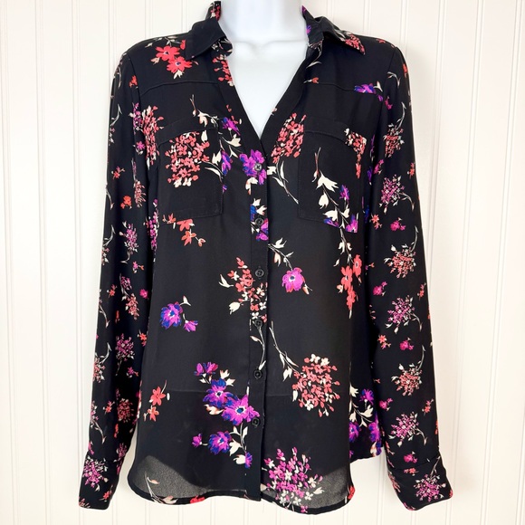 Express Tops - Express‎ The Portofino Shirt Women's XS Black Floral Blouse Office Business